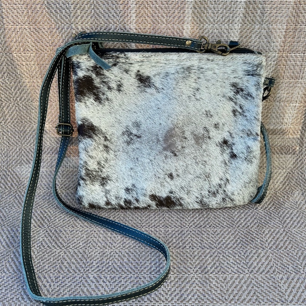 Myra Bag Black and Gray leather and fur Crossbody bag.